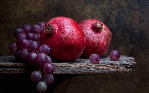 Pomegranates and grapes, two pomegranate fruit painting, photography, 1920x1200, grape, pomegranate, HD wallpaper HD wallpaper