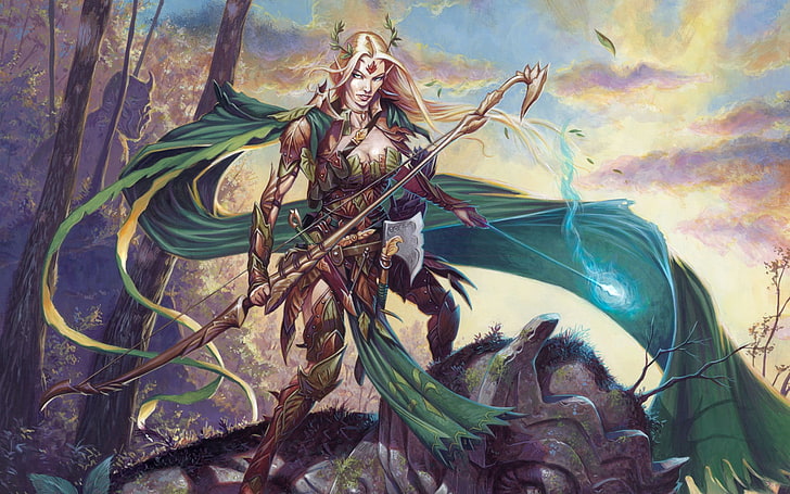 female archer illustration, fantasy art, magic, elves, HD wallpaper