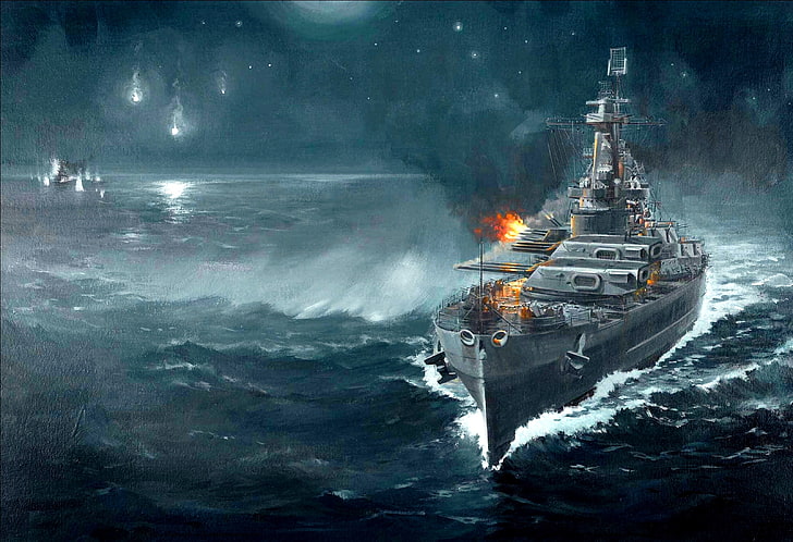 黒い軍艦の壁紙、夜、図、アート、巡洋艦、日本語、海戦、WW2、線形、ガダルカナル、大砲の決闘、1942年11月14日、アメリカ戦艦「ワシントン」、「霧島」、 HDデスクトップの壁紙