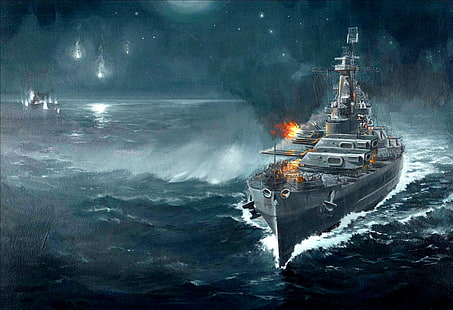 fond d'écran de navire de guerre noir, nuit, figure, art, croiseur, japonais, bataille navale, WW2, linéaire, Guadalcanal, duel d'artillerie, 14 nov. 1942, cuirassé américain 