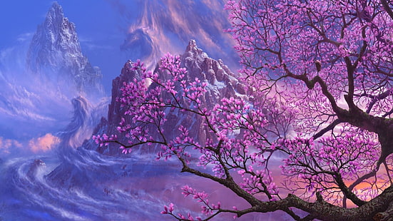natur, magnolia, blomma, träd, gren, magnolia blossom, vår, bergslandskap, berg, fantasy landskap, bergskedja, HD tapet HD wallpaper