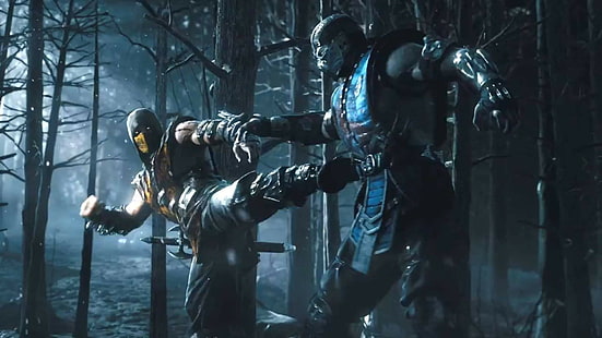 Mortal Kombat X, ниндзя, лес, меч, Mortal Kombat X, ночь, Sub-Zero, Скорпион, HD обои HD wallpaper