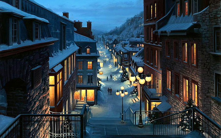 茶色のれんが造りの家、風景、雪片、都市、都市、ライト、通り、木、夜、カナダ、クリスマス、車線、絵画、冬、雪、夜、家、照明、クリスマスツリー、ユージニーリュシュピン、ユージーンリュシュピン、リュシュピン、脇道、カナダ、ケベック、州、QC、オールドケベック、 HDデスクトップの壁紙