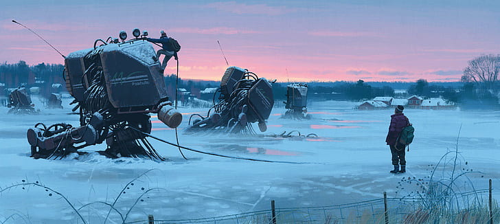 robot, hommes, neige, science fiction, futuriste, peinture numérique, Simon Stålenhag, Fond d'écran HD