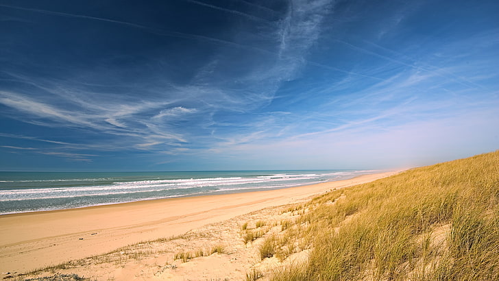 pantai, langit, horison, laut, pantai, awan, pantai berpasir, samudra, langit biru, garis pantai, pasir, bukit pasir, berpasir, Wallpaper HD
