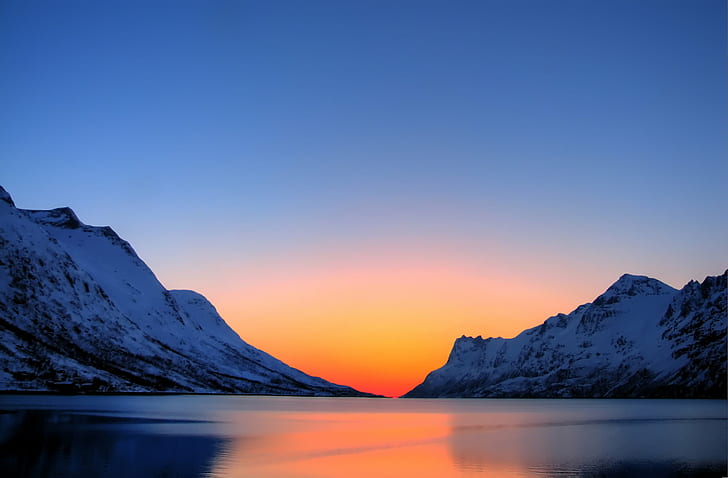 body of water surrounded by snow covered mountains during sunset, Arctic, Sunset, body of water, snow, covered, kvaløya  tromsø, sea, ocean, mountain, norway, Ubuntu, Karmic, Koala, nature, lake, landscape, scenics, outdoors, sky, water, reflection, beauty In Nature, HD wallpaper