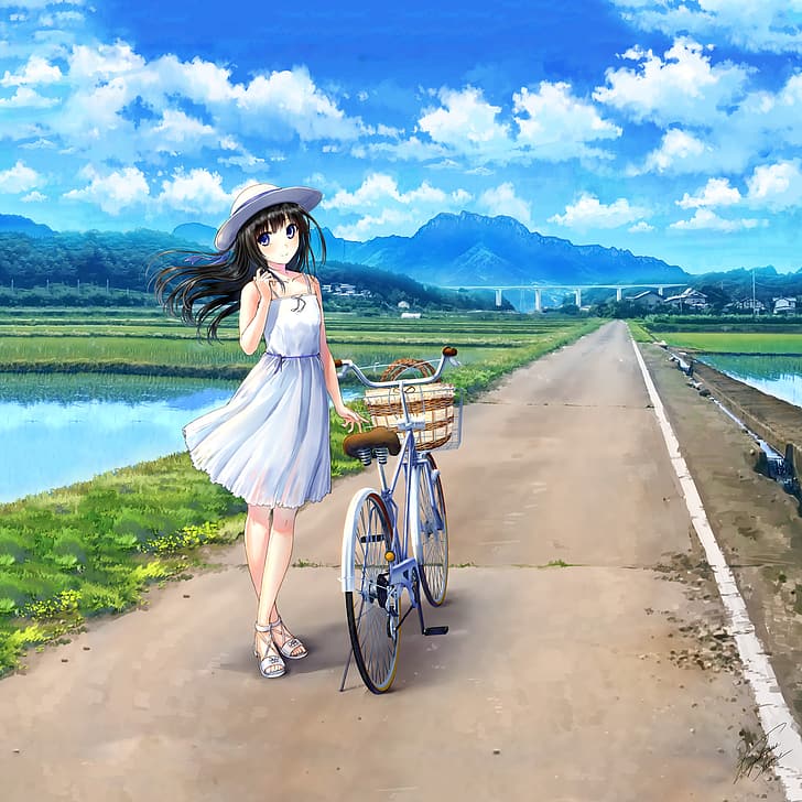 anime girls, portrait display, white dress, feet crossed, dress, looking at viewer, bicycle, women outdoors, clouds, sky, water, hat, road, grass, blue eyes, black hair, long hair, signature, HD wallpaper
