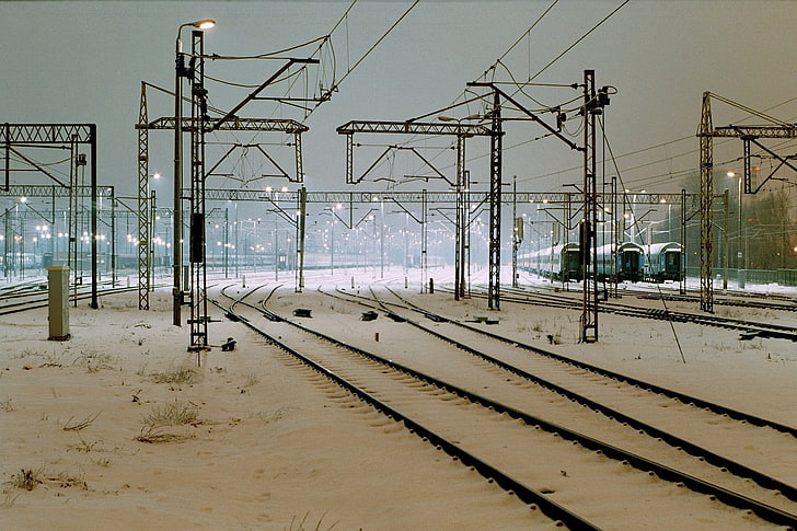 sistema ferroviario, nieve, tren, estación de tren, Fondo de pantalla HD