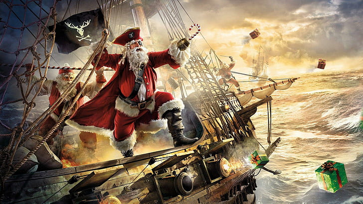 Pirate Santa on a Ship, kanon, jul, fantasikonst, rolig, gåvor, pirater, santa, jultomten, fartyg, HD tapet