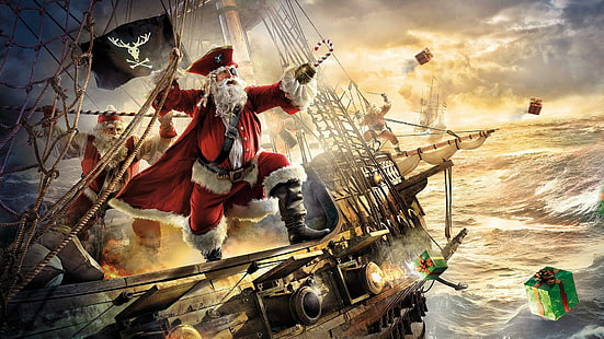 Пиратский Санта на корабле, канон, рождество, фэнтези арт, прикол, подарки, пираты, санта, санта клаус, корабли, HD обои HD wallpaper