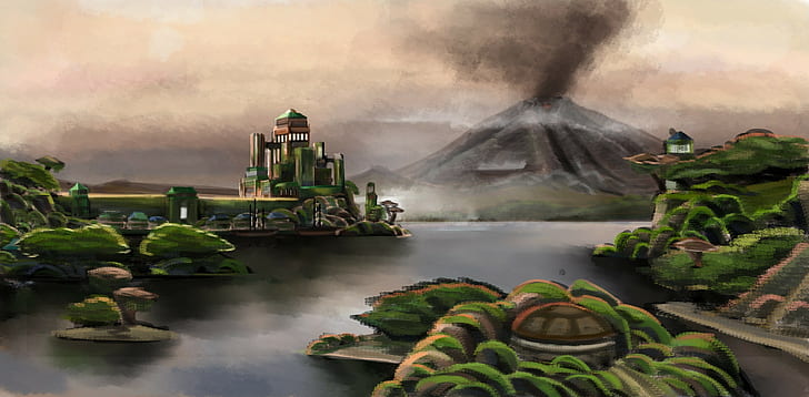 digital art fantasy art nature painting water volcano smoke building trees mist island, HD wallpaper