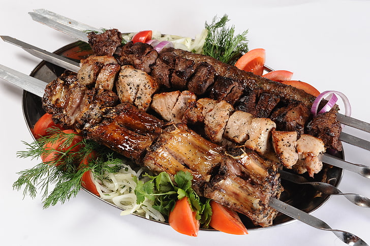 barbecue, greens, stick, food, bow, meat, tomatoes, parsley, kebab, delicious, dish, HD wallpaper