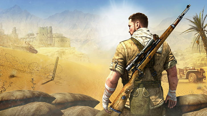 Sniper Elite 3, Video Game, Sniper Elite 3, Rebellion, 505 Games, Africa, sniper, Sniper Elite, Carl Fairbairn, Karl Fairburne, weapons, sky, Mountain, sand, soldier, war, shadow, palm trees, bandages, form, Outfit, sun, scarf, Barbed Wire, building, Tank, tiger, sniper rifles, trucks, Dune, HD wallpaper