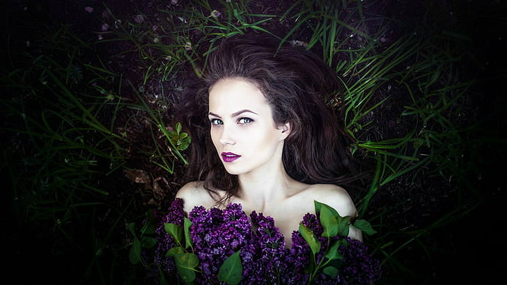 Sergey Piltnik, face, grass, women outdoors, women, Ksenia Malinina, model, lilac, green eyes, nature, brunette, HD wallpaper