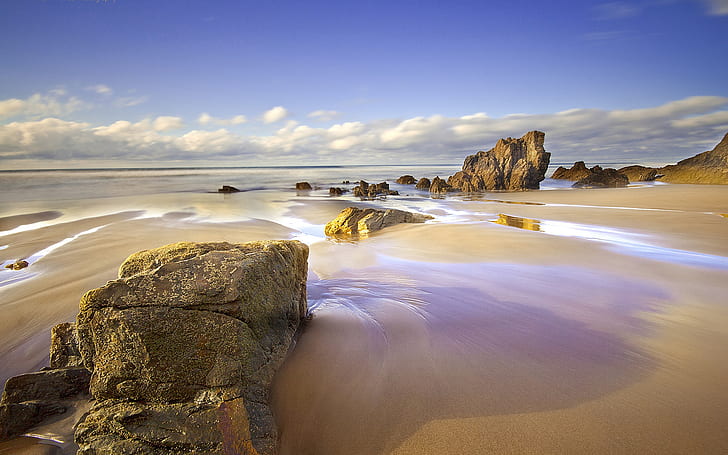 Spain, Asturias, beach, sea, rocks, brown rock formation, Spain, Asturias, Beach, Sea, Rocks, HD wallpaper
