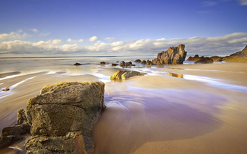 Spain, Asturias, beach, sea, rocks, brown rock formation, Spain, Asturias, Beach, Sea, Rocks, HD wallpaper HD wallpaper