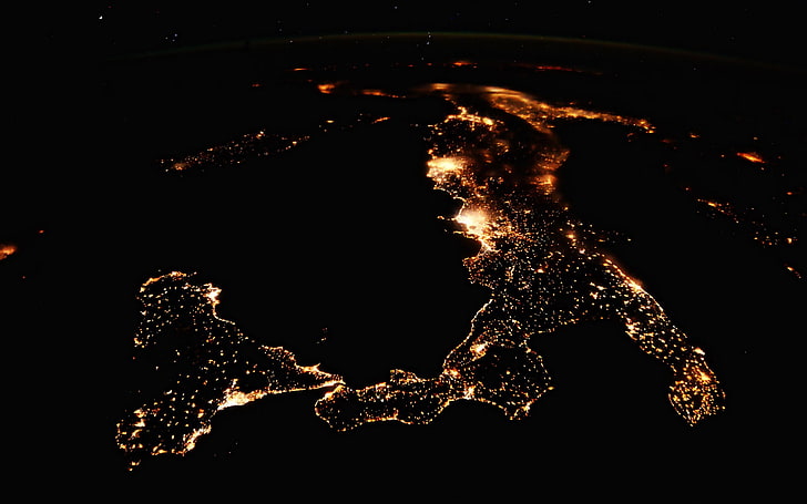 fondo de pantalla digital de la tierra, naturaleza, paisaje, vista aérea, agua, mar, Italia, luces, noche, ISS, Estación Espacial Internacional, isla, Europa, Sicilia, Fondo de pantalla HD