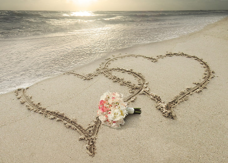 obraz miłości, plaża, serce, 8k, Tapety HD