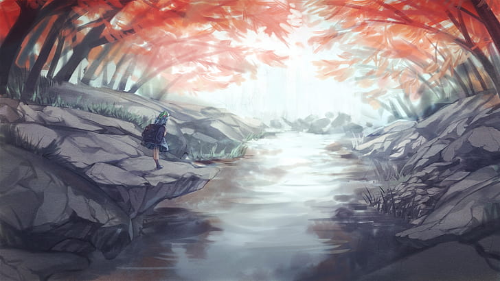 touhou, kawashiro nitori, река, гора, есен, задна чанта, дървета, аниме, HD тапет