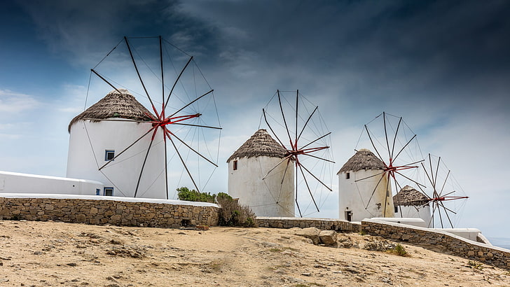 Greece, windmills, mill, Mykonos, HD wallpaper
