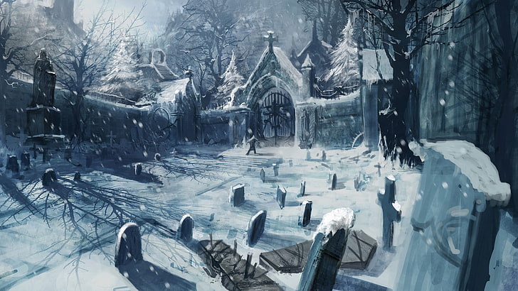 grey tombstone illustration, winter, snow, cemetery, Art, HD wallpaper