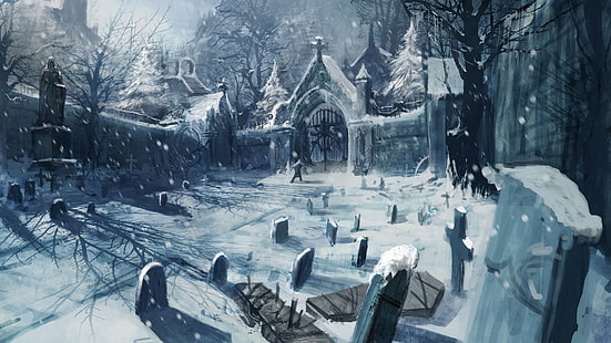 التوضيح شاهد القبر الرمادي ، الشتاء ، الثلج ، المقبرة ، الفن، خلفية HD HD wallpaper