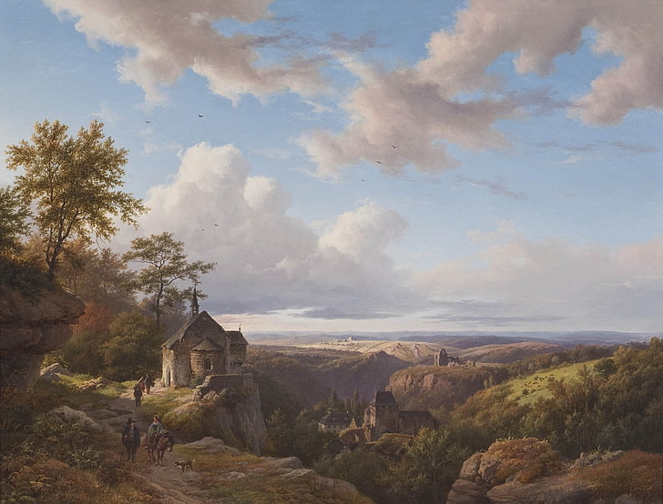 malerei, klassische kunst, wolken, kirche, landschaft, pferd, HD-Hintergrundbild