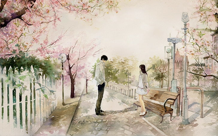 Pasangan di taman, pasangan, Kencan, taman, bangku, anime, 1920x1200, pic cinta 4k, Wallpaper HD
