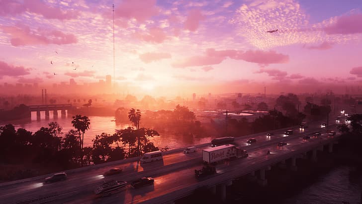 Rockstar Games, Grand Theft Auto 6, Vice City, landscape, sunset, sunset glow, bridge, clouds, highway, HD wallpaper
