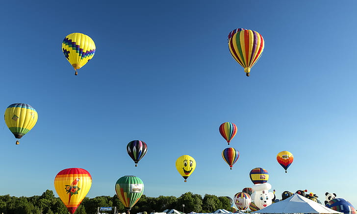 балони с горещ въздух през деня, цветни, балони, балони с горещ въздух, ден, час, цветове, топло, сутрин, Readington NJ, балон с горещ въздух, летене, топлина - температура, въздух превозно средство, въздух, небе, приключение, кош, пътуване , многоцветно, синьо, транспорт, на открито, HD тапет