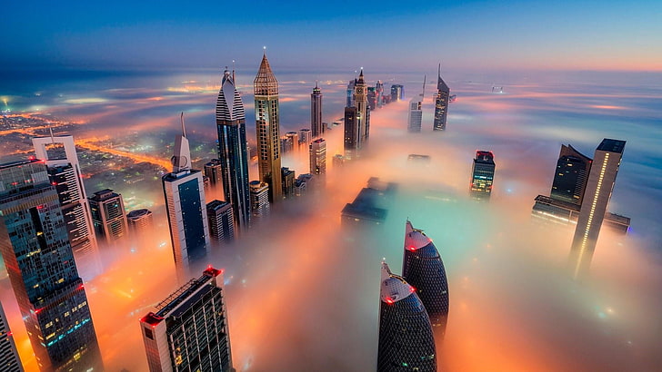 sunset, foggy, mist, fog, asia, building, dusk, emirates, evening, cityscape, united arab emirates, uae, skyline, sky, city, dubai, metropolis, skyscraper, HD wallpaper