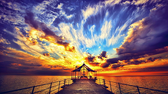 sunset, sky, pier, romantic, cloud, horizon, nature, sea, afterglow, water, dusk, evening, calm, HD wallpaper HD wallpaper
