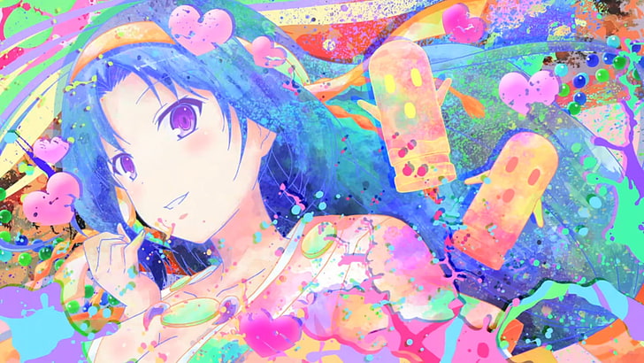 женский мультипликационный персонаж с синими волосами, Invaders of Rokujouma, аниме, аниме девушки, разноцветные, Kiriha Kurano, работа, Rokujouma no Shinryakusha, HD обои
