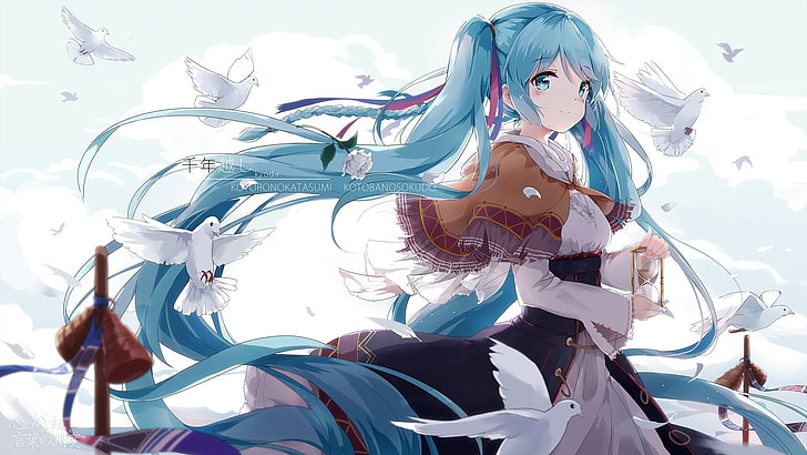 синие волосы женского аниме иллюстрации персонажей, хацунэ мику, птицы, аниме, HD обои