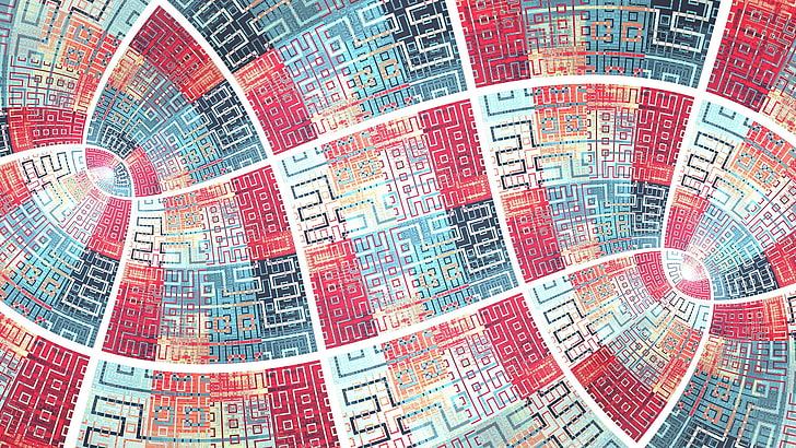 red, teal, and beige Greek key wallpaper, fractal, abstract, artwork, digital art, square, pattern, HD wallpaper