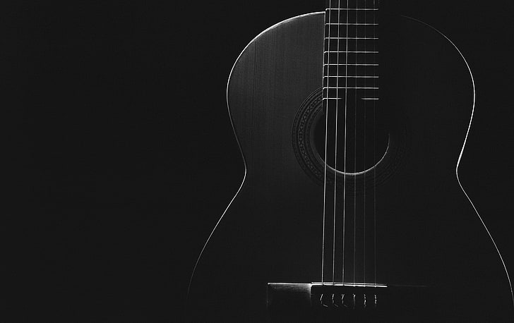 grayscale photography of acoustic guitar wallpaper, macro, music, guitar, HD wallpaper