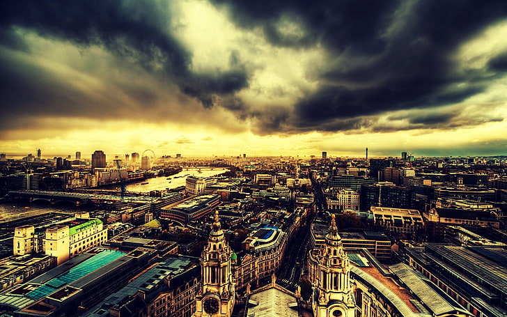 city buildings, london, clouds, buildings, roof, top view, evening, HD wallpaper