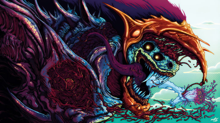 Ilustración de dragón multicolor, Hyperbeast, Brock Hofer, criatura, colorido, dientes, arte digital, Fondo de pantalla HD