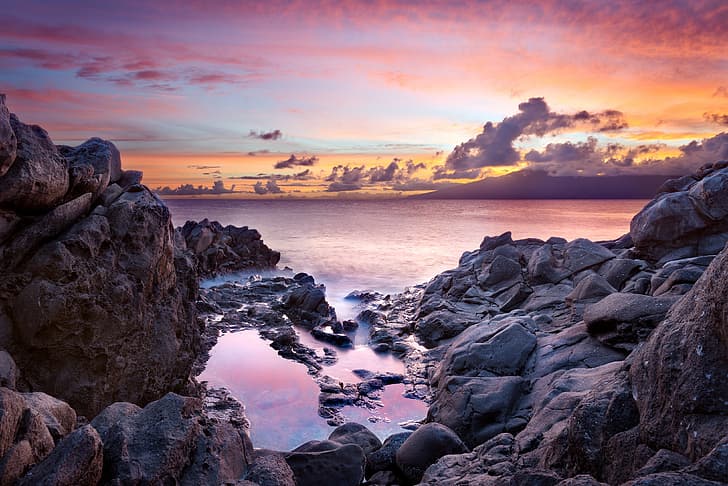 sunset, the ocean, rocks, coast, Hawaii, Maui, HD wallpaper