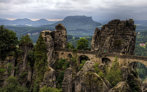 Il ponte Bastei, ponte ad arco in pietra grigia, fiume elba, germania, rocce, natura, paesaggio, Sfondo HD HD wallpaper