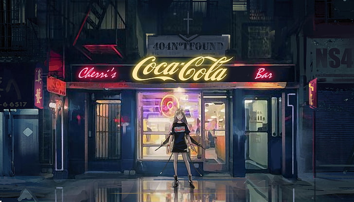 karakter anime wanita berambut coklat, Coca-Cola, night, anime, anime girls, neon sign, Wallpaper HD