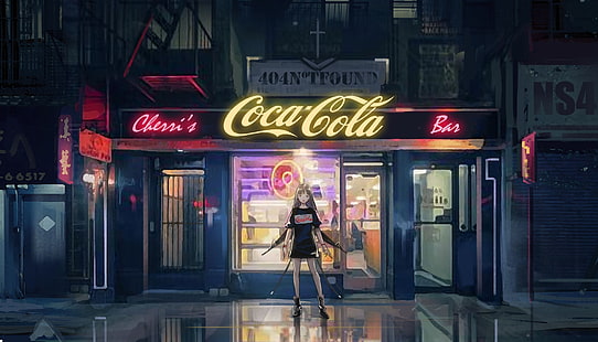brunhårig kvinnlig anime karaktär, Coca-Cola, natt, anime, animeflickor, neonskylt, HD tapet HD wallpaper