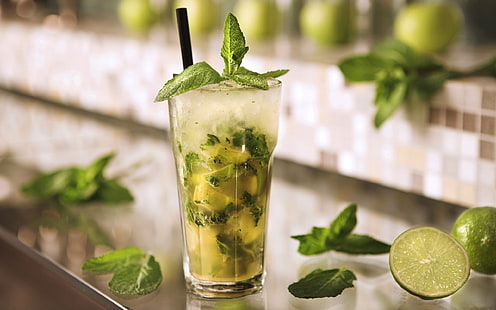 Cold drinks mojito, mint leaves, lime green, ice, Cold, Drinks, Mojito, Mint, Leaves, Lime, Green, Ice, HD wallpaper HD wallpaper