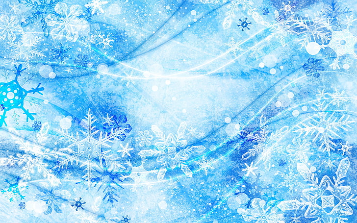blue and white floral walpaper, snowflakes, blue, new year, HD wallpaper