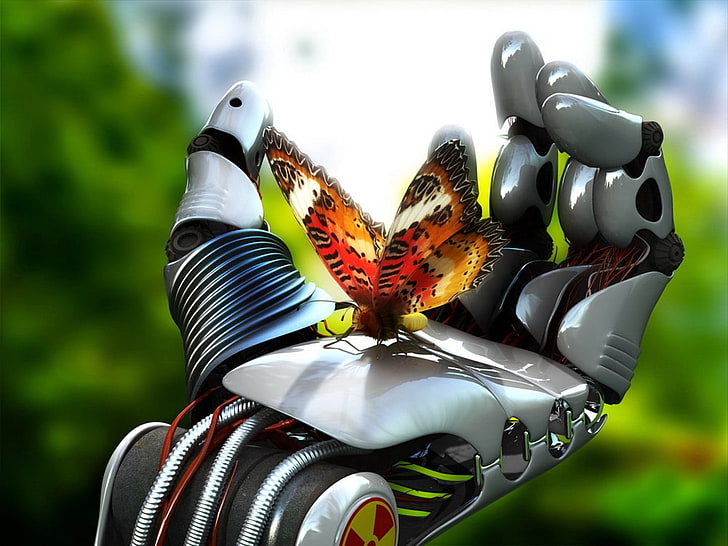 lacewing butterfly, robot, hand, butterfly, technology, green, steel, highlights, HD wallpaper