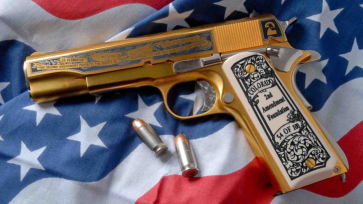 gun, weapons, golden, gold, weapon, engraving, custom, M1911, M1911 pistol, American Flag, HD wallpaper