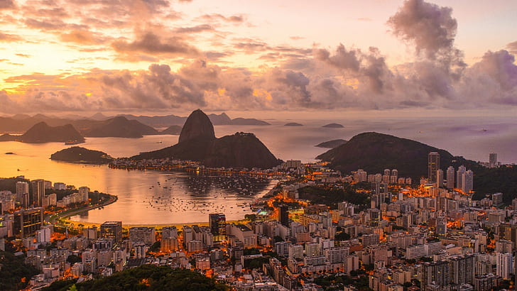 Brésil, ville, paysage urbain, nuages, colline, Rio De Janeiro, mer, coucher de soleil, Fond d'écran HD