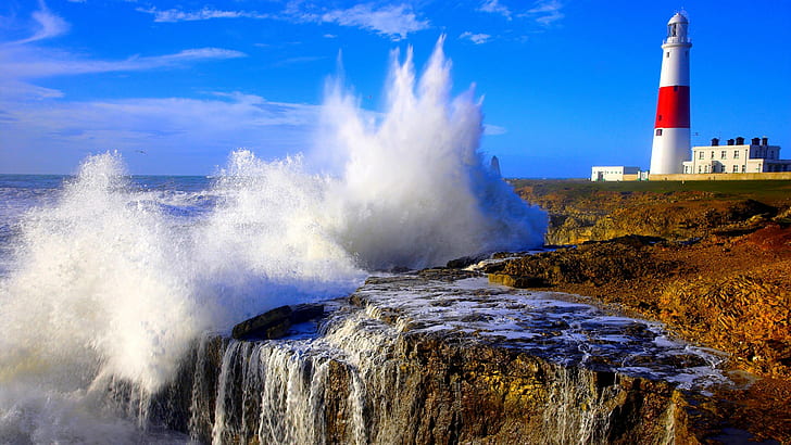 Sea, storm, lighthous, rocks, storm, the sky, sea, lighthouse, squirt, HD wallpaper