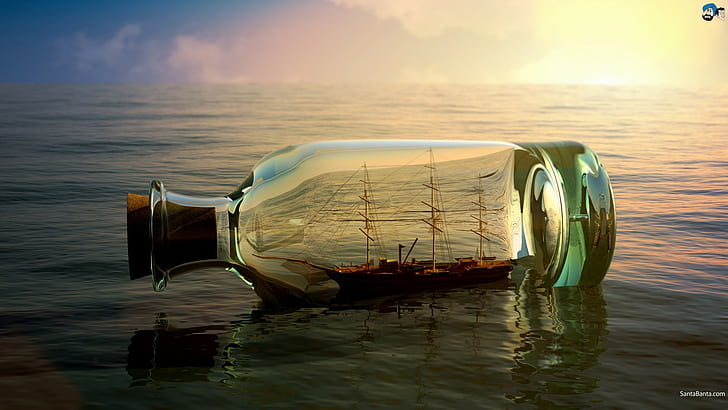 Schiff in einer Flasche, Flaschen, Schiff, HD-Hintergrundbild