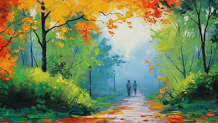 caminho, trabalho artístico, folhas, pintura, parque, azul, outono, verde, amarelo, árvores, HD papel de parede